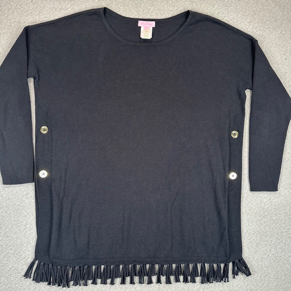Lilly Pulitzer Ramona Fringe Sweater Black Womens Medium Quiet Luxury Minimalist